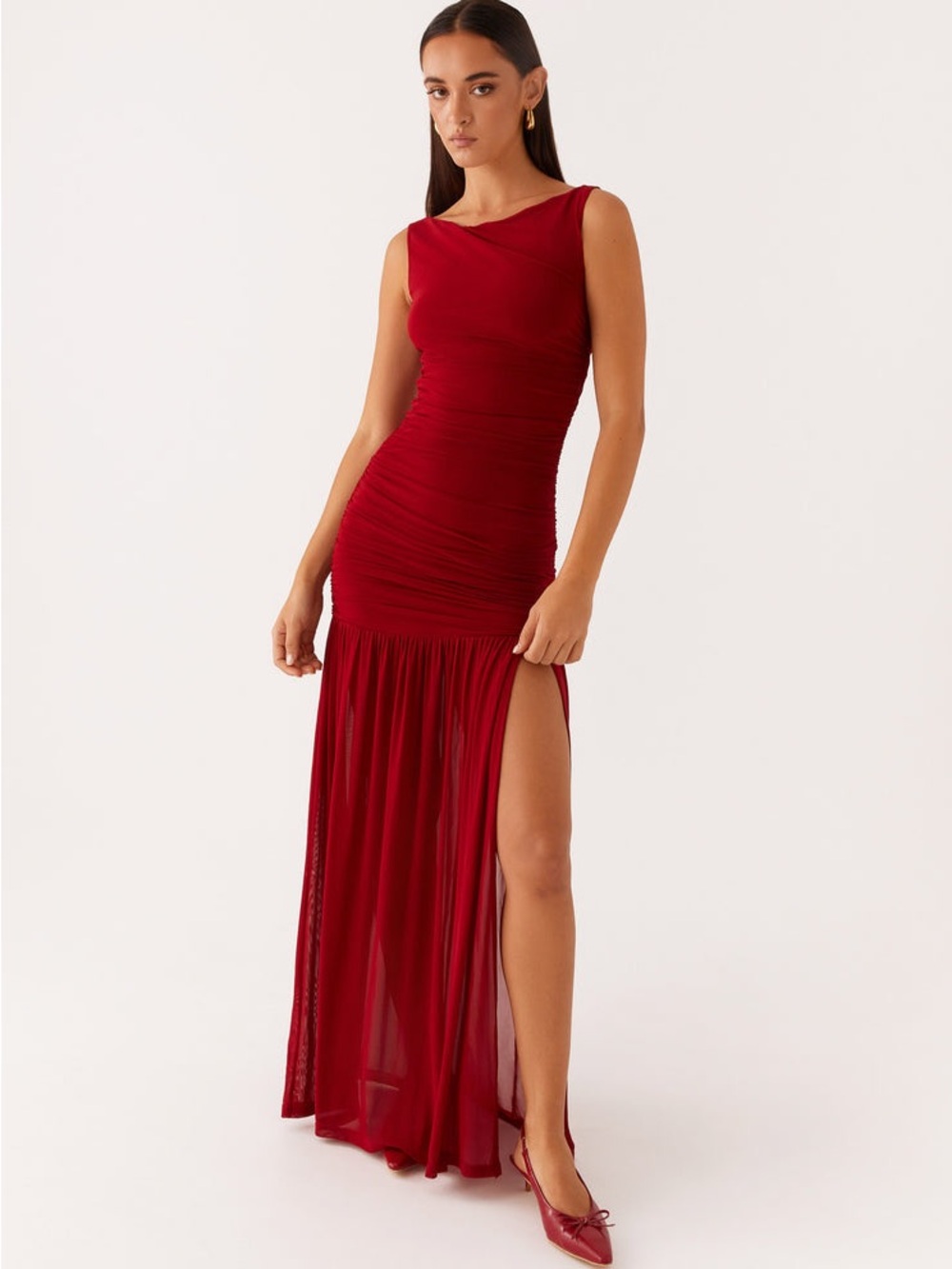 Peppermayo Red Ruched Sleeveless Maxi Dress